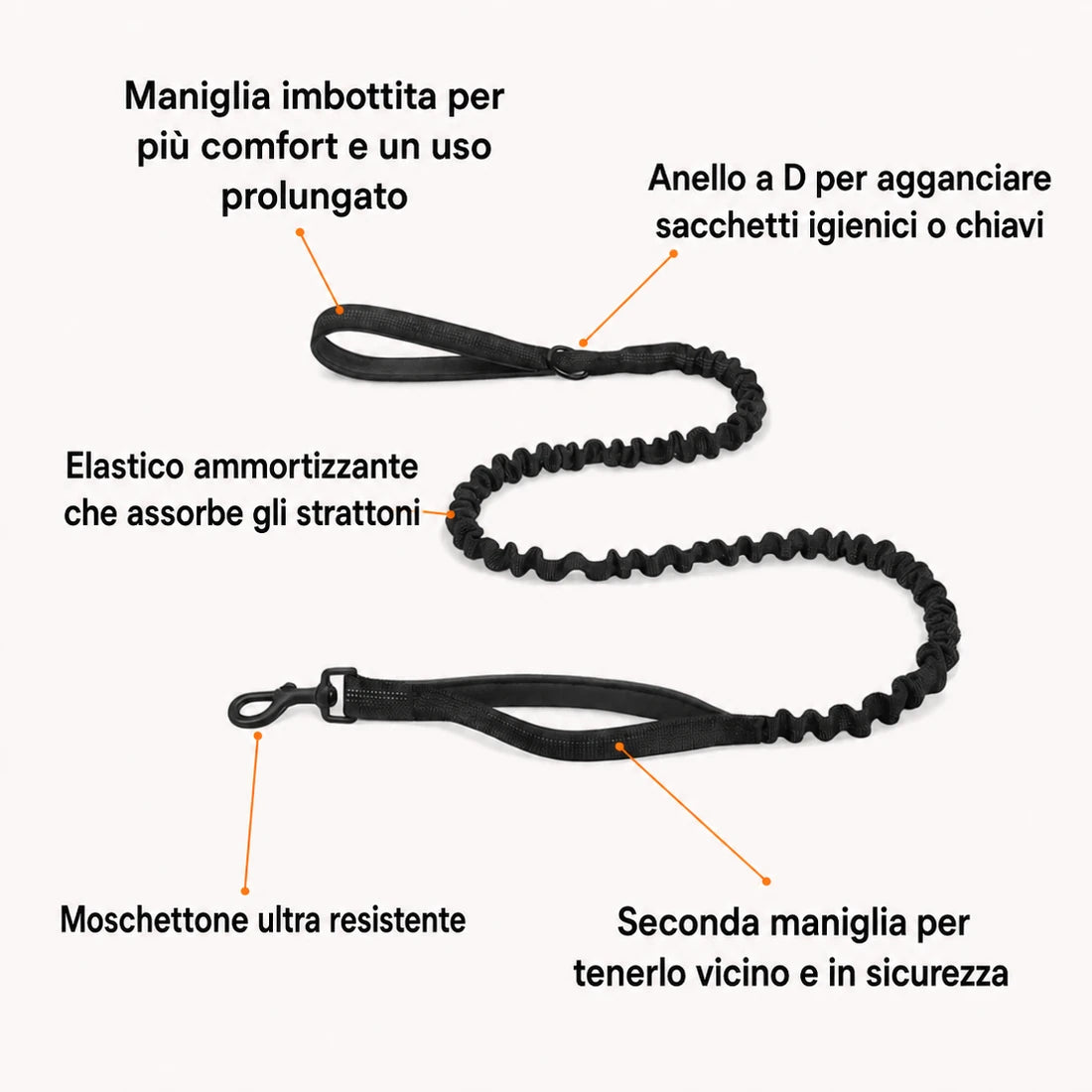 Guinzaglio bungee Katlyma con elastico ammortizzante, doppia maniglia e moschettone resistente
