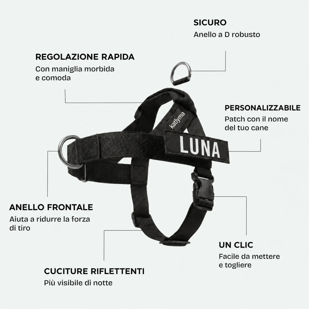 Dettagli della pettorina anti tiro Katlyma: anello a D frontale, maniglia imbottita, chiusura a clic e patch con il nome