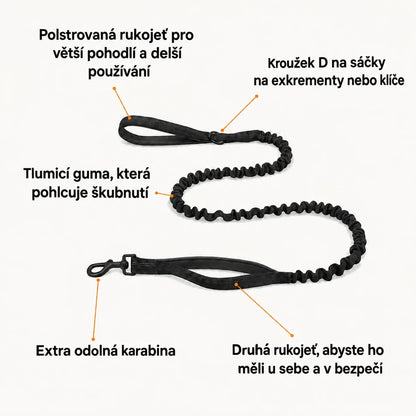 Vodítko s amortizérem Katlyma s tlumicí gumou, dvojitou rukojetí a odolnou karabinou
