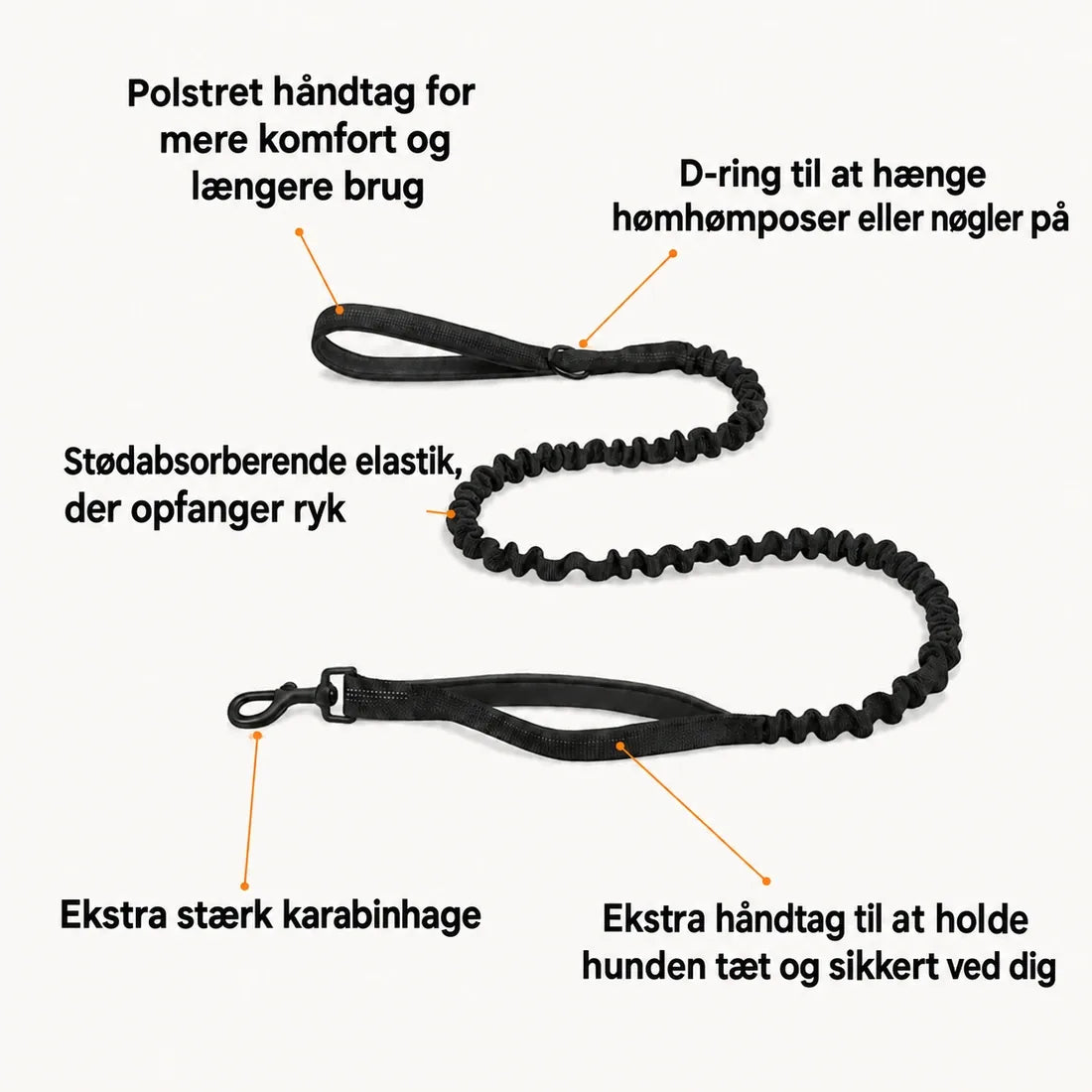 Bungee-snor fra Katlyma med stødabsorberende elastik, dobbelt håndtag og solid karabinhage