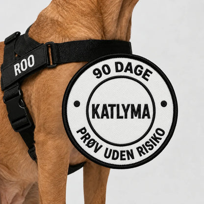 Hund i den sorte anti-træk-sele fra Katlyma med 90 dages risikofri prøveperiode