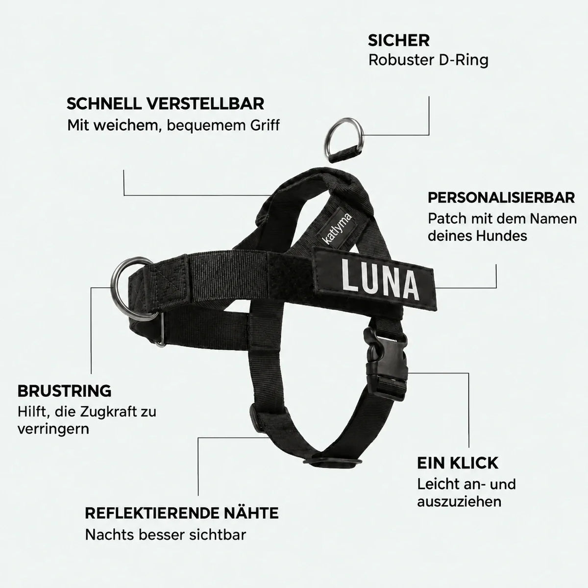 Details des Katlyma Anti-Zug-Geschirrs: vorderer D-Ring, gepolsterter Griff, Klick-Verschluss und Patch mit dem Namen