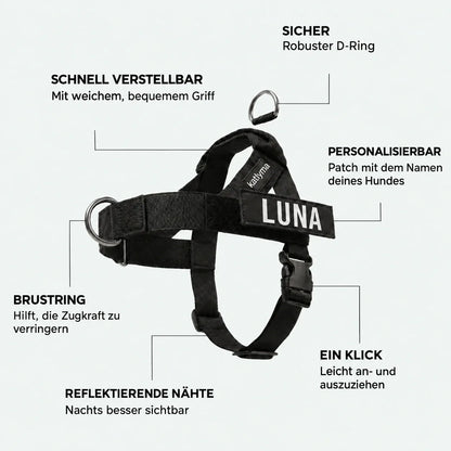 Details des Katlyma Anti-Zug-Geschirrs: vorderer D-Ring, gepolsterter Griff, Klick-Verschluss und Patch mit dem Namen
