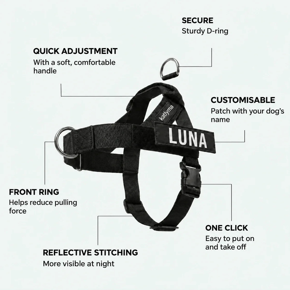 Katlyma no-pull harness details: front D-ring, padded handle, click buckle and name patch