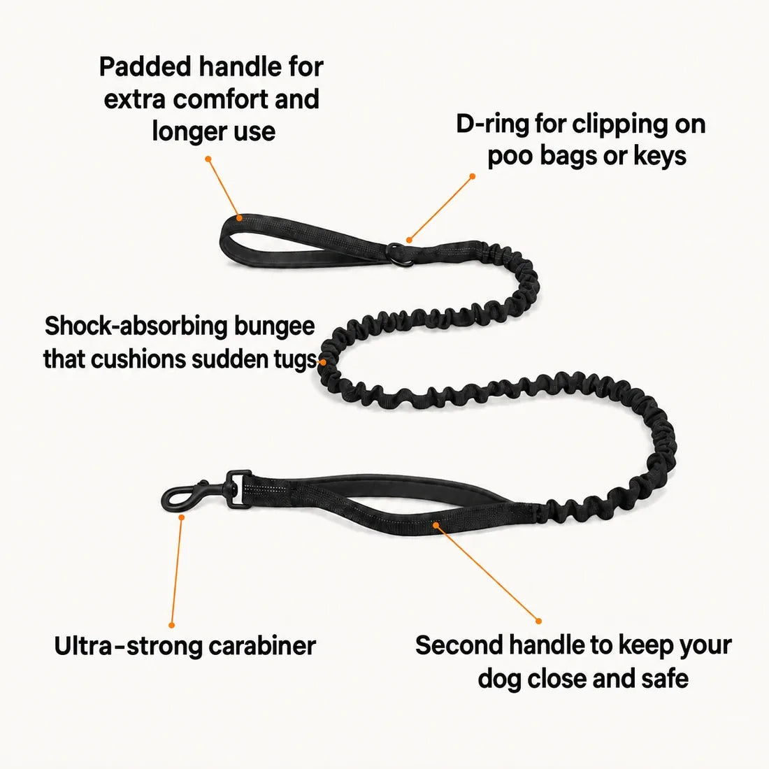 Katlyma bungee lead with shock-absorbing elastic, two handles and a strong carabiner