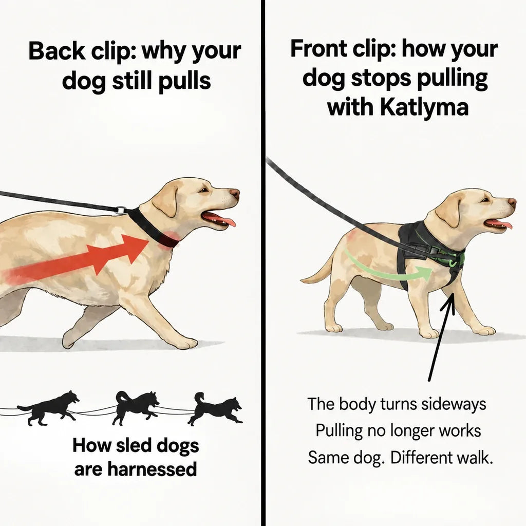 Illustration comparing a back clip and a front clip on a dog pulling on the lead