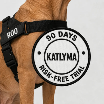 Dog wearing the black Katlyma no-pull harness, with a 90-day risk-free trial