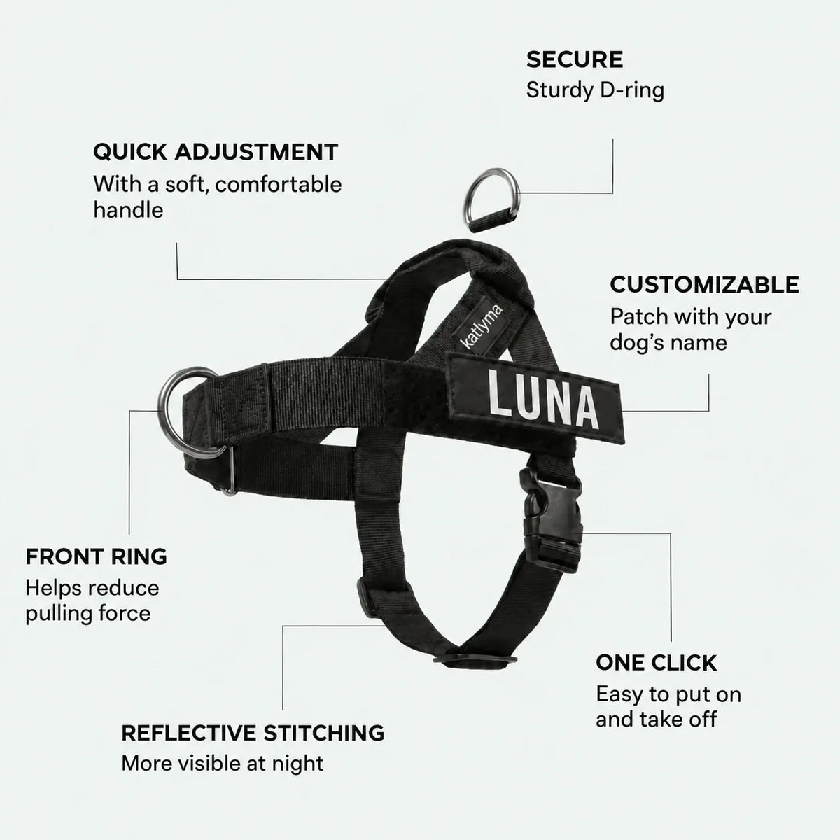 Katlyma no-pull harness details: front D-ring, padded handle, click buckle and name patch