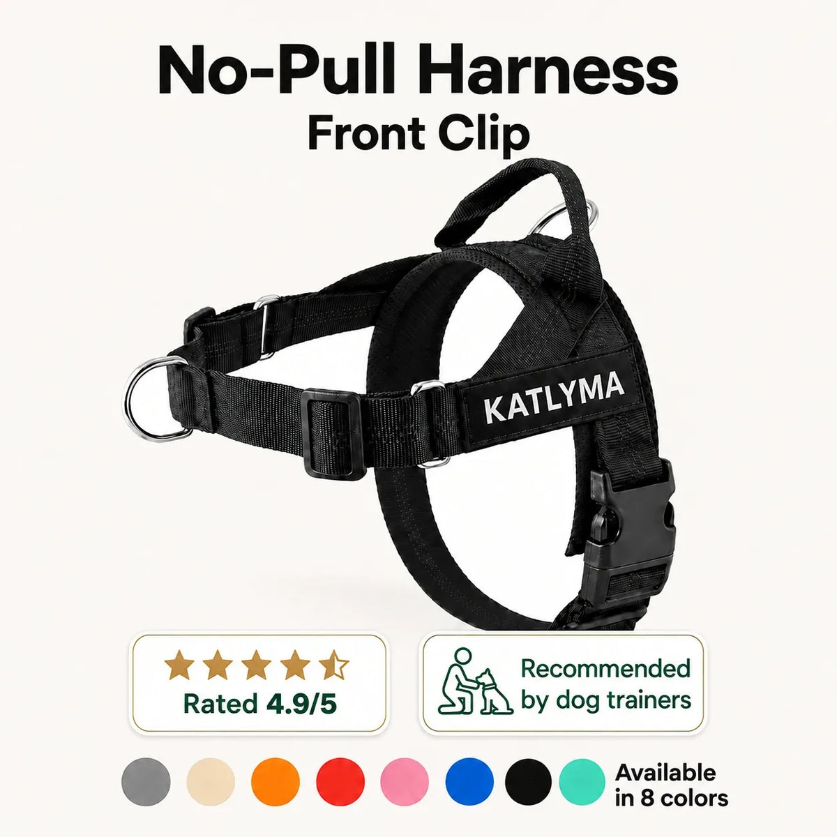 Black Katlyma Walk no-pull harness with front D-ring clip, back handle and customizable name patch