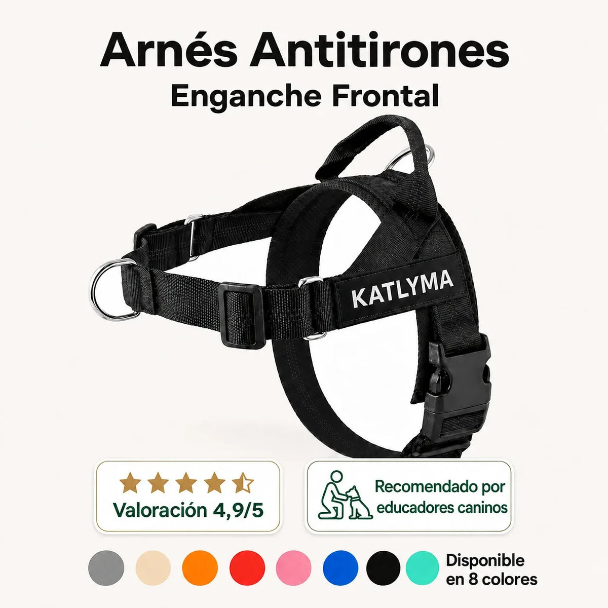 Arnés antitirones Katlyma Walk negro con enganche frontal de anilla en D, asa dorsal y parche personalizable