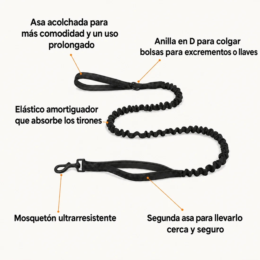 Correa elástica Katlyma con elástico amortiguador, doble asa y mosquetón resistente