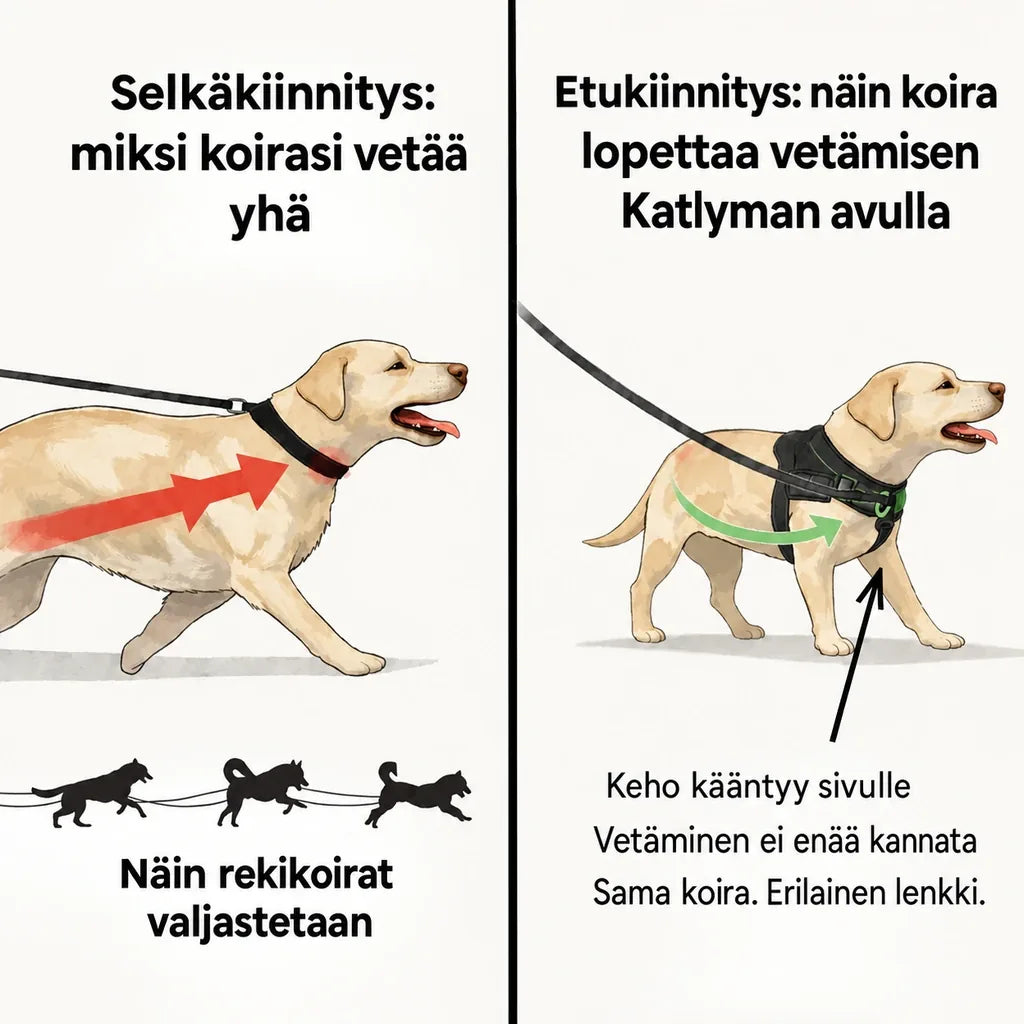 Kuvitus, jossa verrataan selkäkiinnitystä ja etukiinnitystä hihnassa vetävällä koiralla