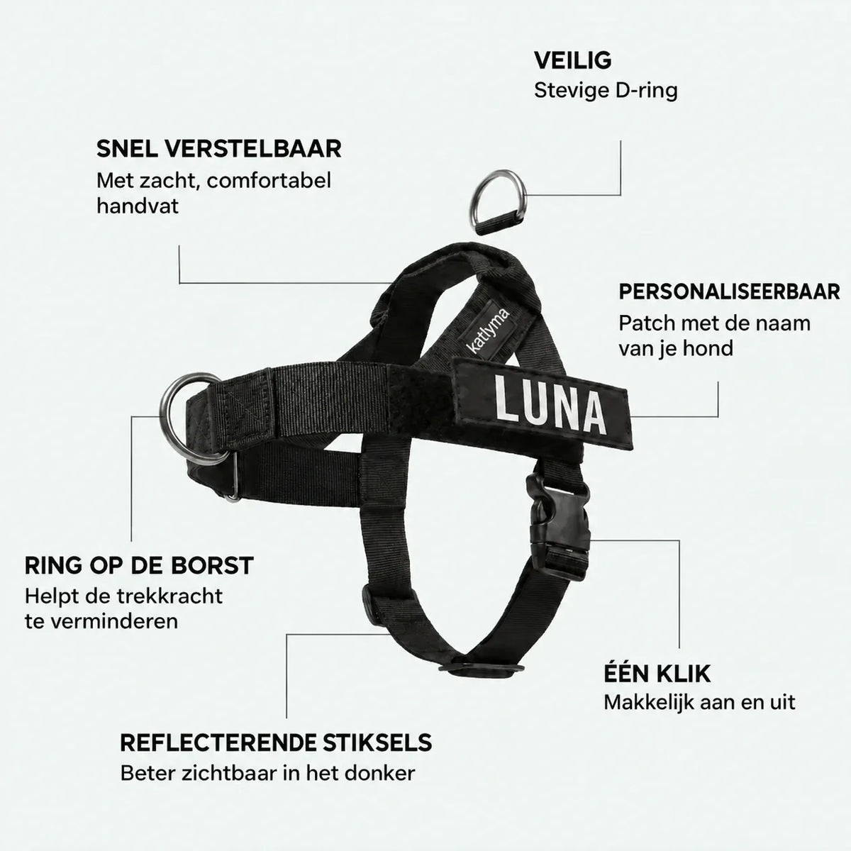 Details van het Katlyma anti-trektuig: D-ring aan de voorkant, gevoerd handvat, kliksluiting en patch met de naam