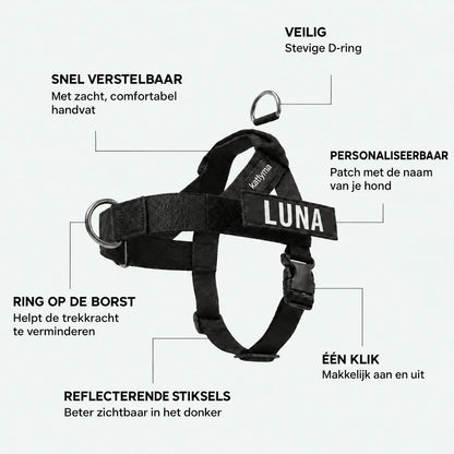 Details van het Katlyma anti-trektuig: D-ring aan de voorkant, gevoerd handvat, kliksluiting en patch met de naam