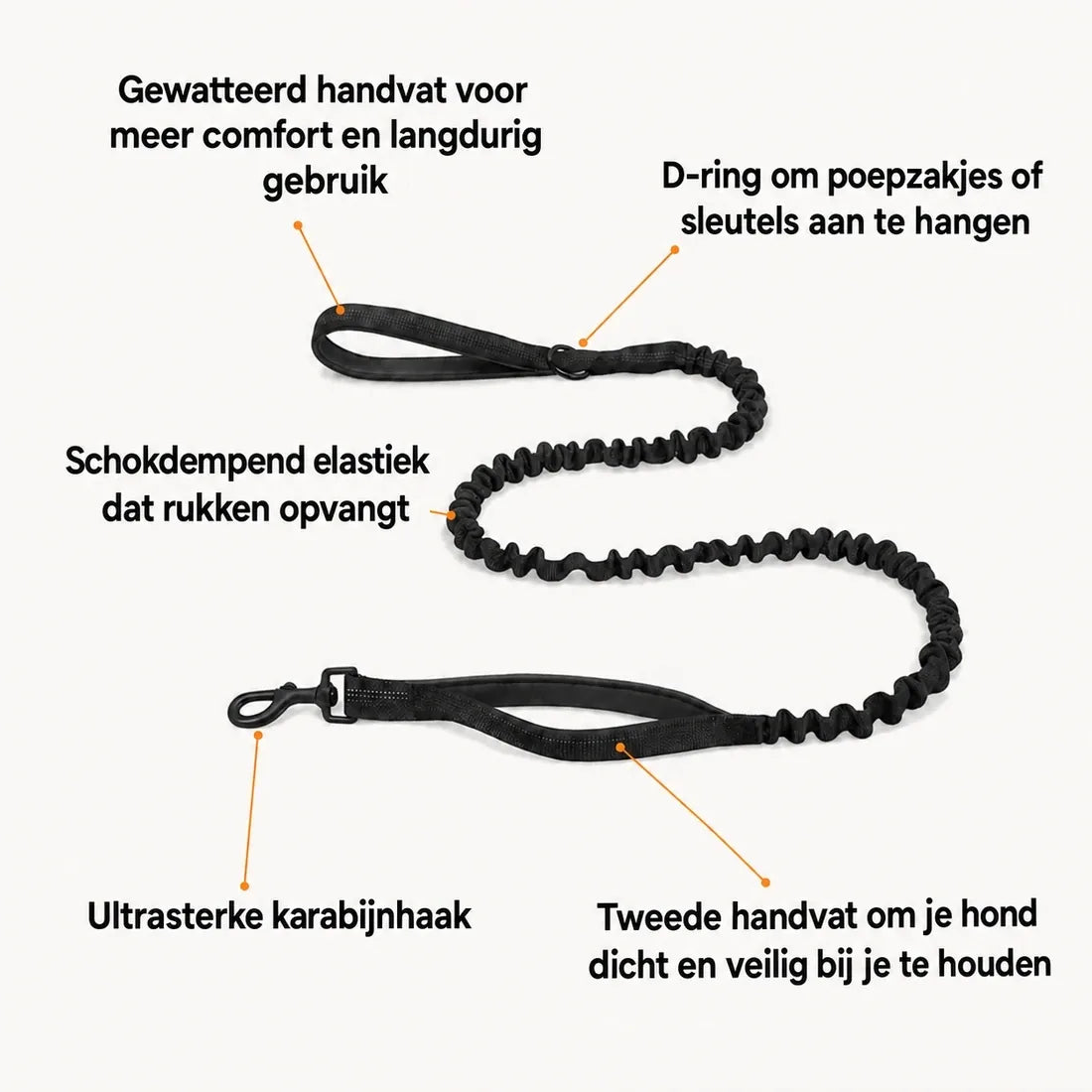 Katlyma bungeelijn met schokdempend elastiek, dubbel handvat en stevige karabijnhaak