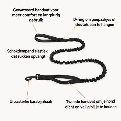 Katlyma bungeelijn met schokdempend elastiek, dubbel handvat en stevige karabijnhaak