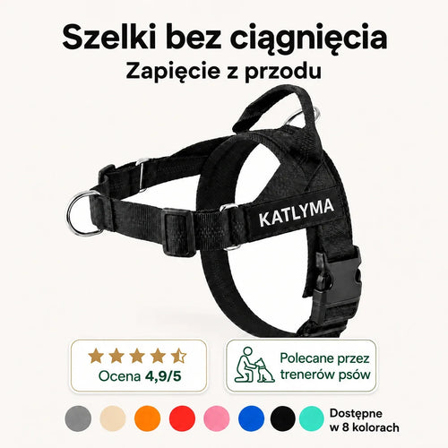 Czarne szelki bez ciągnięcia Katlyma Walk z przednim kółkiem D, rączką na grzbiecie i naszywką z imieniem do personalizacji