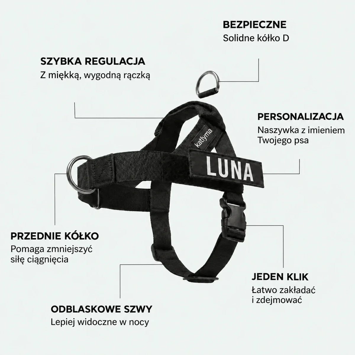 Szczegóły szelek bez ciągnięcia Katlyma: przednie kółko D, wyściełana rączka, klamra na klik i naszywka z imieniem