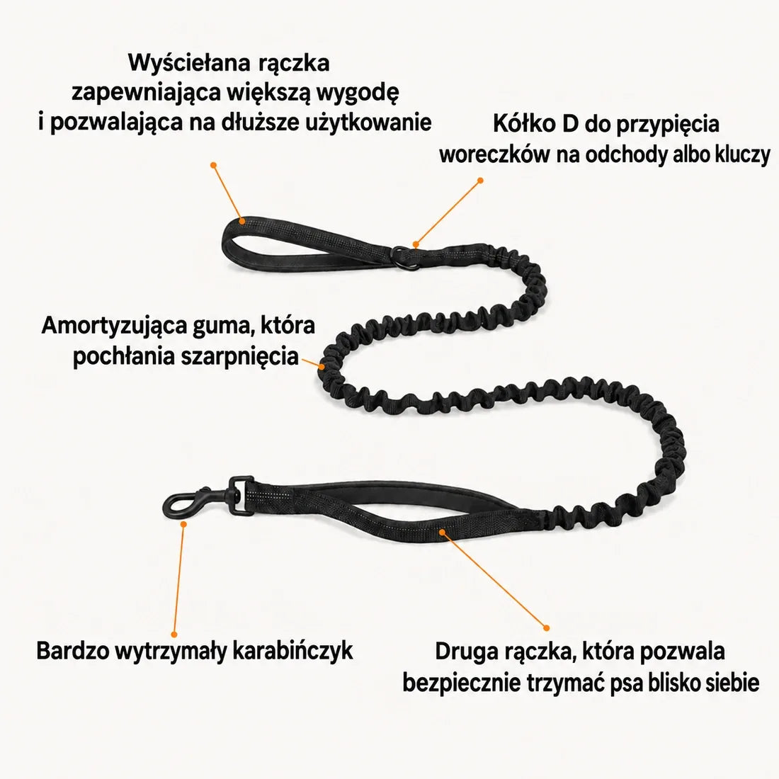 Smycz bungee Katlyma z elastycznym amortyzatorem, dwiema rączkami i wytrzymałym karabińczykiem