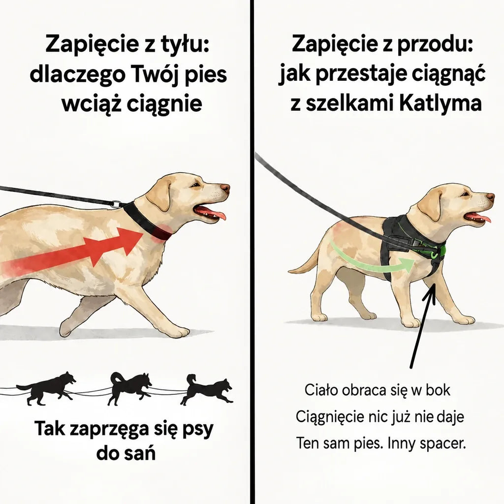 Ilustracja porównująca zapięcie z tyłu i zapięcie z przodu u psa, który ciągnie na smyczy
