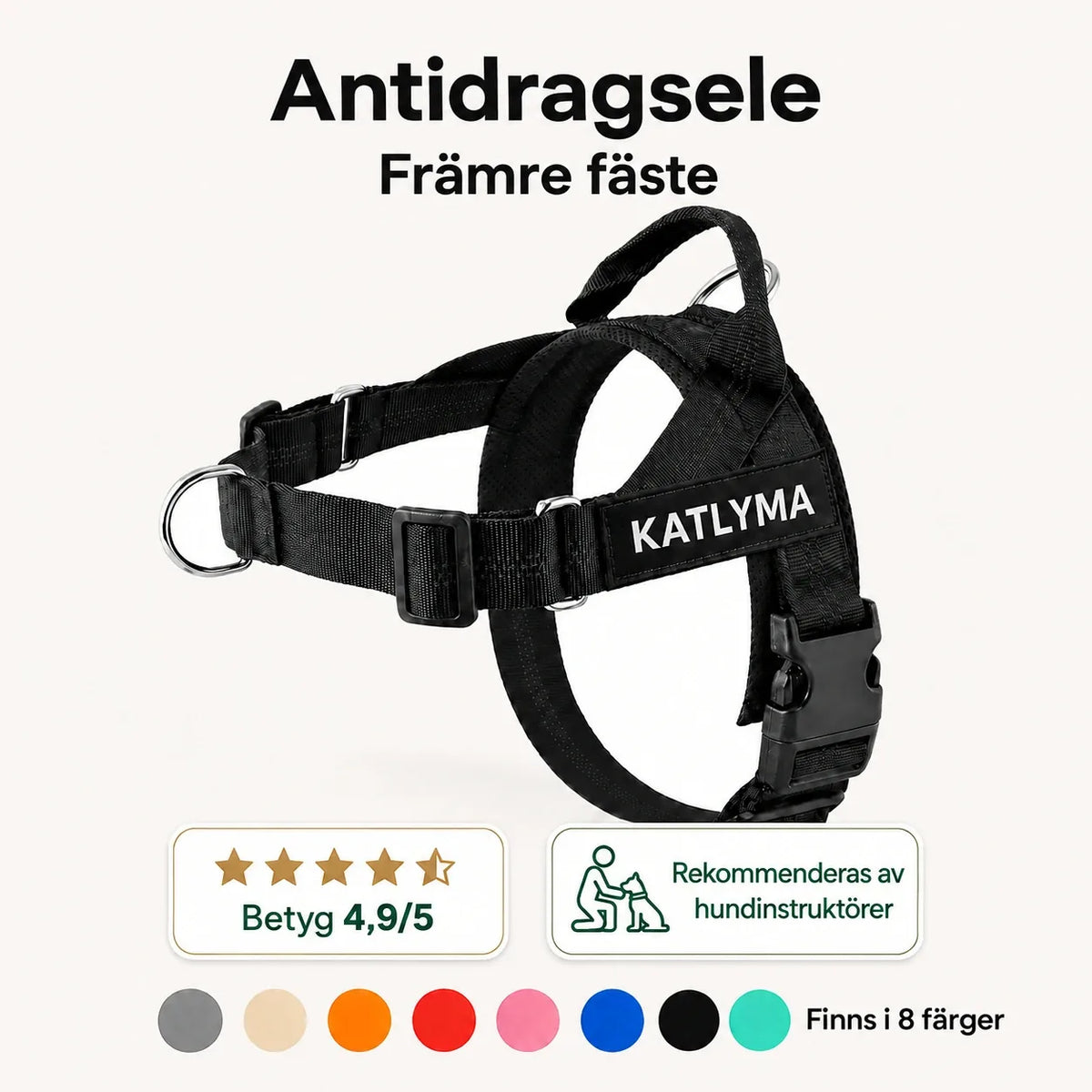 Svart Katlyma Walk antidragsele med främre D-ringsfäste, handtag på ryggen och personlig namnskylt