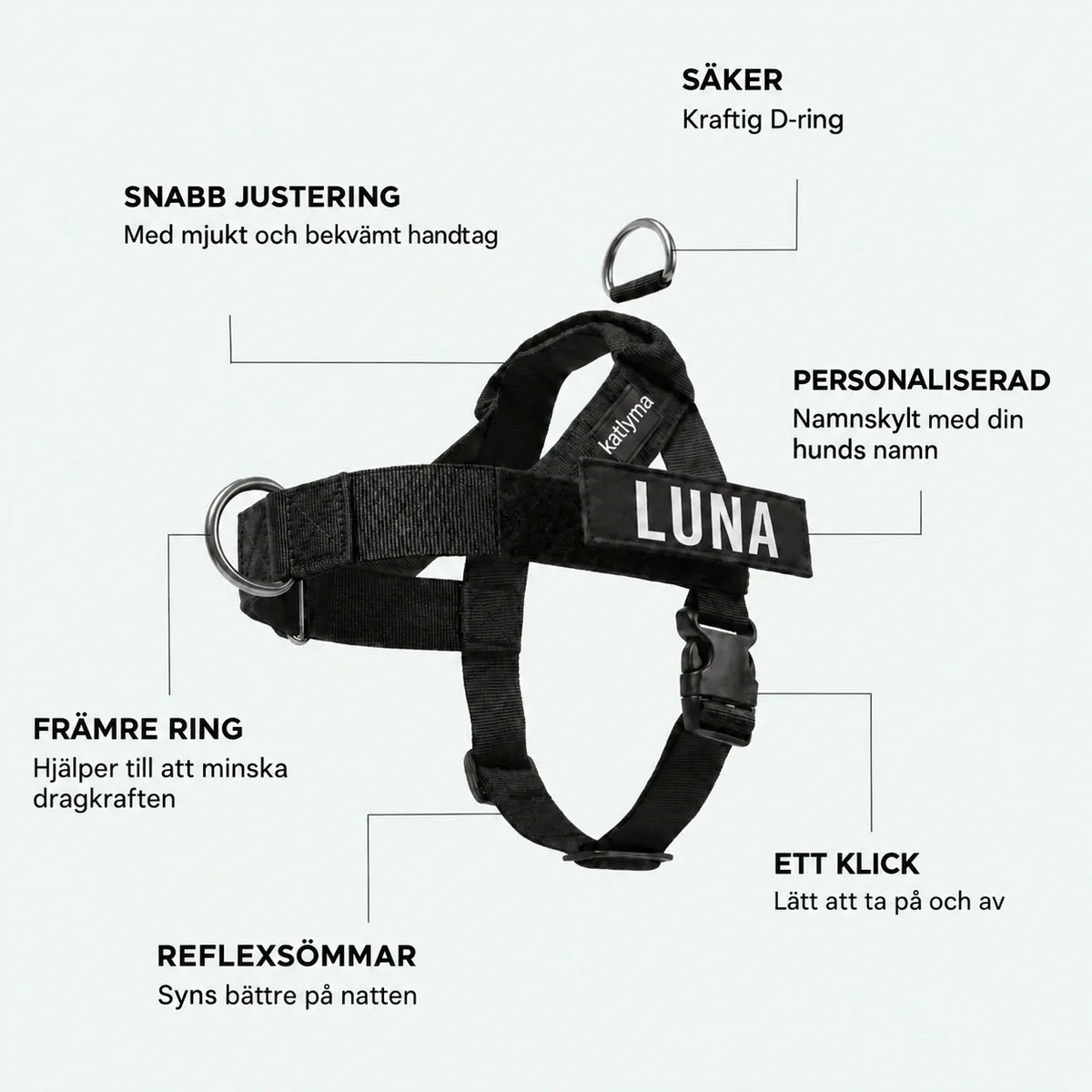 Detaljer på Katlymas antidragsele: främre D-ring, vadderat handtag, klickspänne och märke med namnet