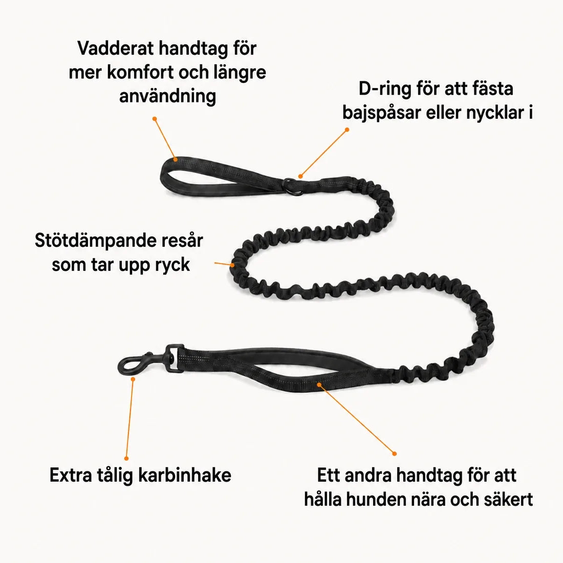 Katlyma bungeekoppel med stötdämpande resår, dubbelt handtag och tålig karbinhake