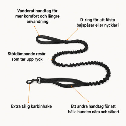 Katlyma bungeekoppel med stötdämpande resår, dubbelt handtag och tålig karbinhake