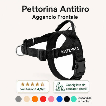 Pettorina antitiro Katlyma Walk nera con aggancio frontale ad anello a D, maniglia dorsale e targhetta personalizzabile